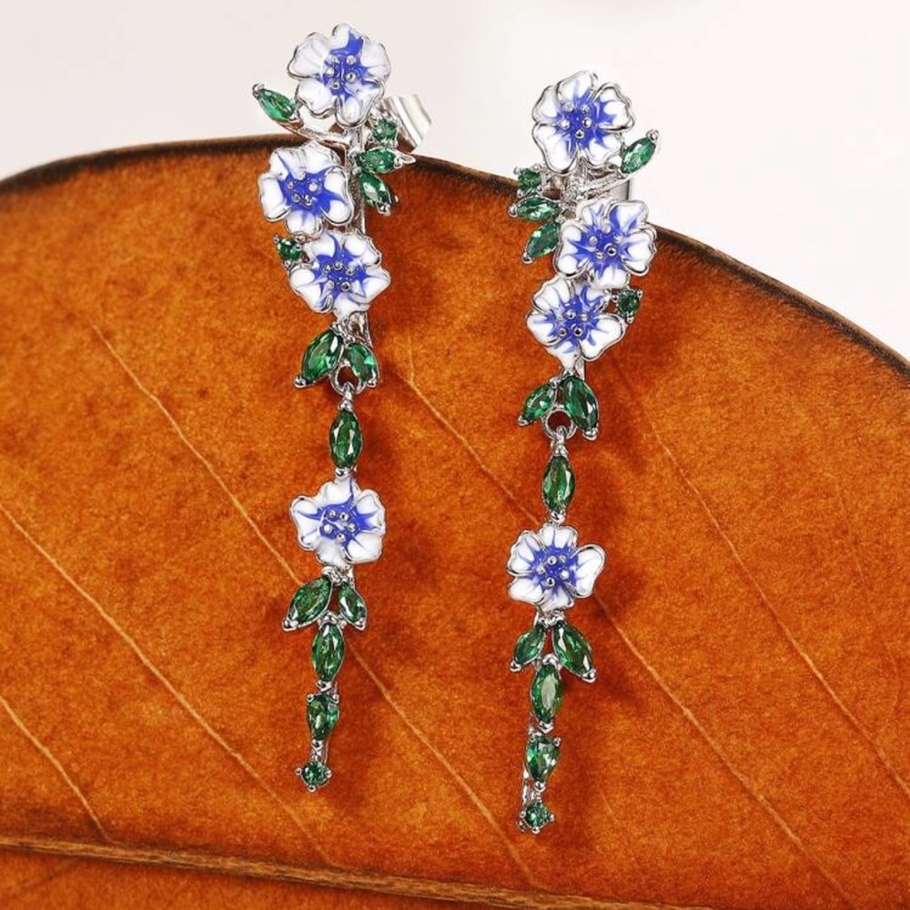 Floral Blue and Green Drop Earrings - Picture 5 of 5